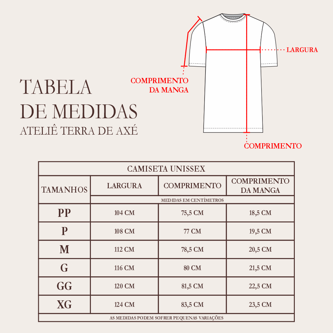 Tabela de Medidas - Camiseta Unissex Ogum - Coleção Primeiro Toque
