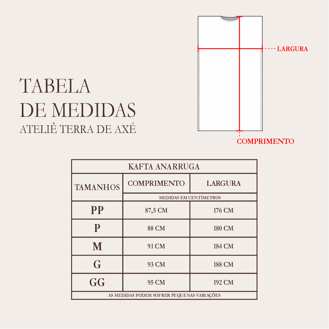 Tabela de Medidas - Kafta Feminina Anarruga - Coleção Primeiro Toque